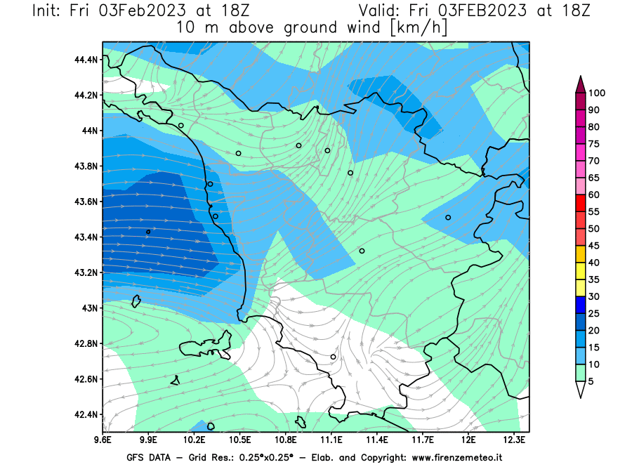 Mappa di analisi GFS - Velocità del vento a 10 metri dal suolo [km/h] in Toscana
							del 03/02/2023 18 <!--googleoff: index-->UTC<!--googleon: index-->