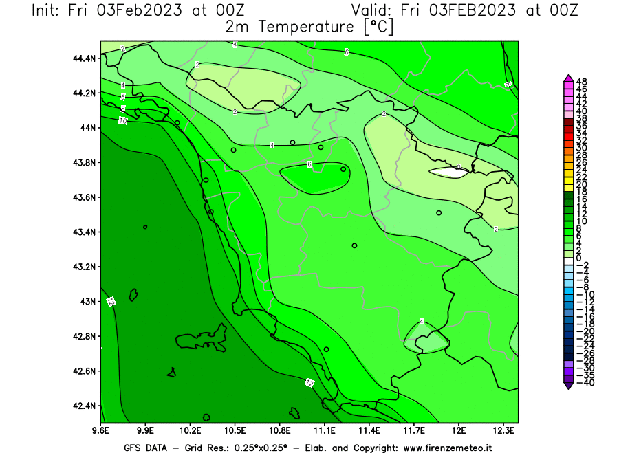 Mappa di analisi GFS - Temperatura a 2 metri dal suolo [°C] in Toscana
							del 03/02/2023 00 <!--googleoff: index-->UTC<!--googleon: index-->