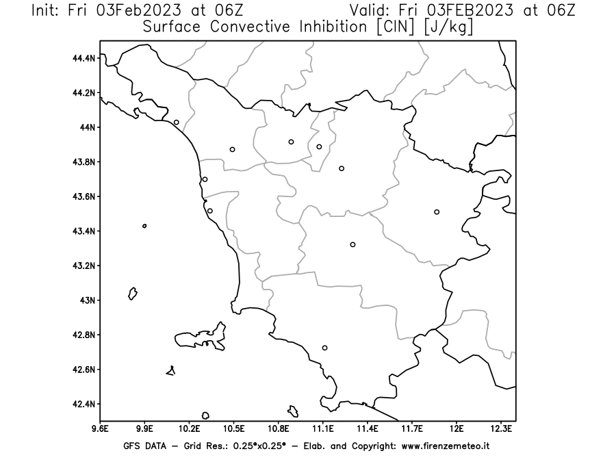 Mappa di analisi GFS - CIN [J/kg] in Toscana
							del 03/02/2023 06 <!--googleoff: index-->UTC<!--googleon: index-->