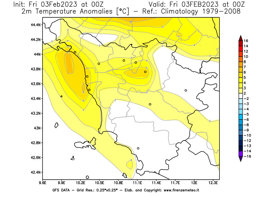 Mappa di analisi GFS - Anomalia Temperatura [°C] a 2 m in Toscana
							del 03/02/2023 00 <!--googleoff: index-->UTC<!--googleon: index-->