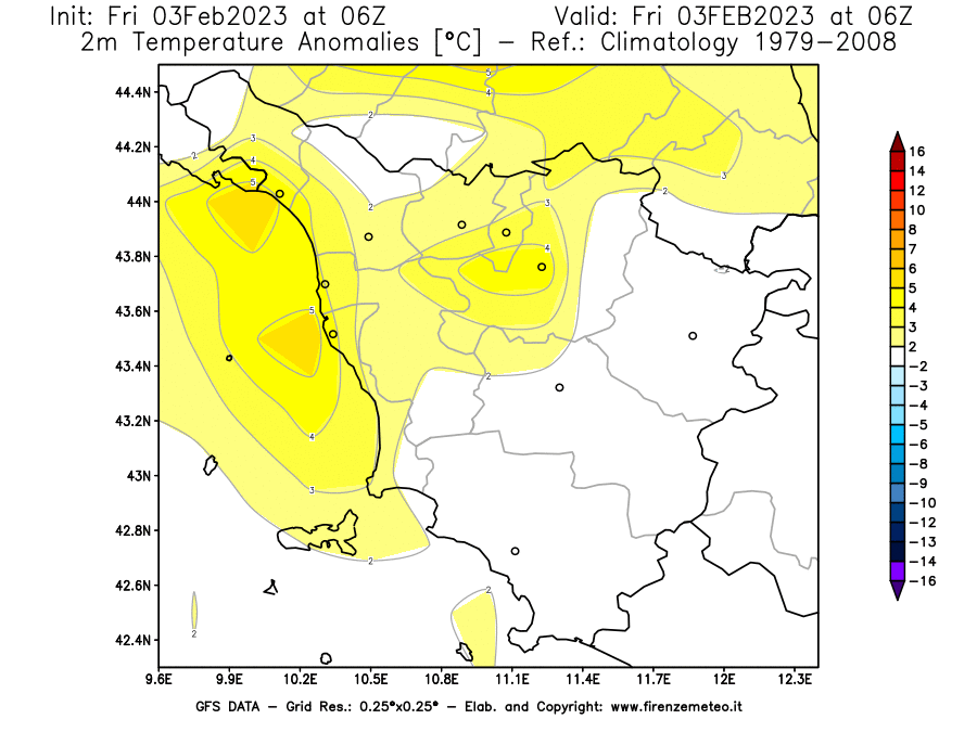 Mappa di analisi GFS - Anomalia Temperatura [°C] a 2 m in Toscana
							del 03/02/2023 06 <!--googleoff: index-->UTC<!--googleon: index-->