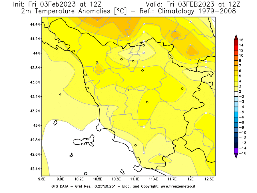 Mappa di analisi GFS - Anomalia Temperatura [°C] a 2 m in Toscana
							del 03/02/2023 12 <!--googleoff: index-->UTC<!--googleon: index-->