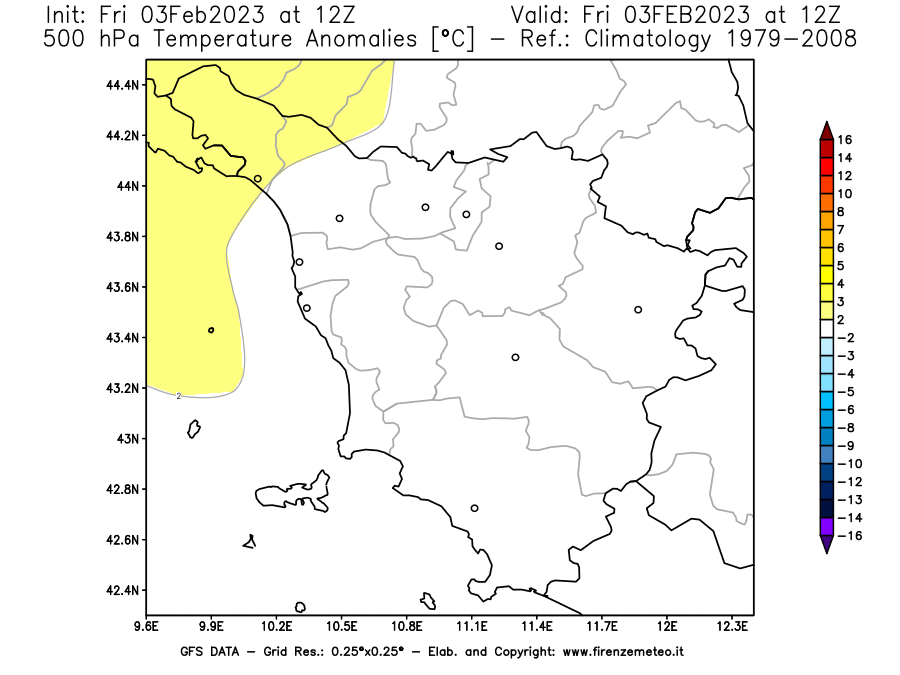 Mappa di analisi GFS - Anomalia Temperatura [°C] a 500 hPa in Toscana
							del 03/02/2023 12 <!--googleoff: index-->UTC<!--googleon: index-->
