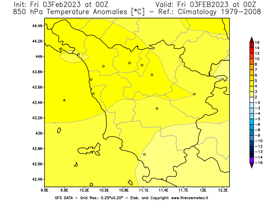 Mappa di analisi GFS - Anomalia Temperatura [°C] a 850 hPa in Toscana
							del 03/02/2023 00 <!--googleoff: index-->UTC<!--googleon: index-->