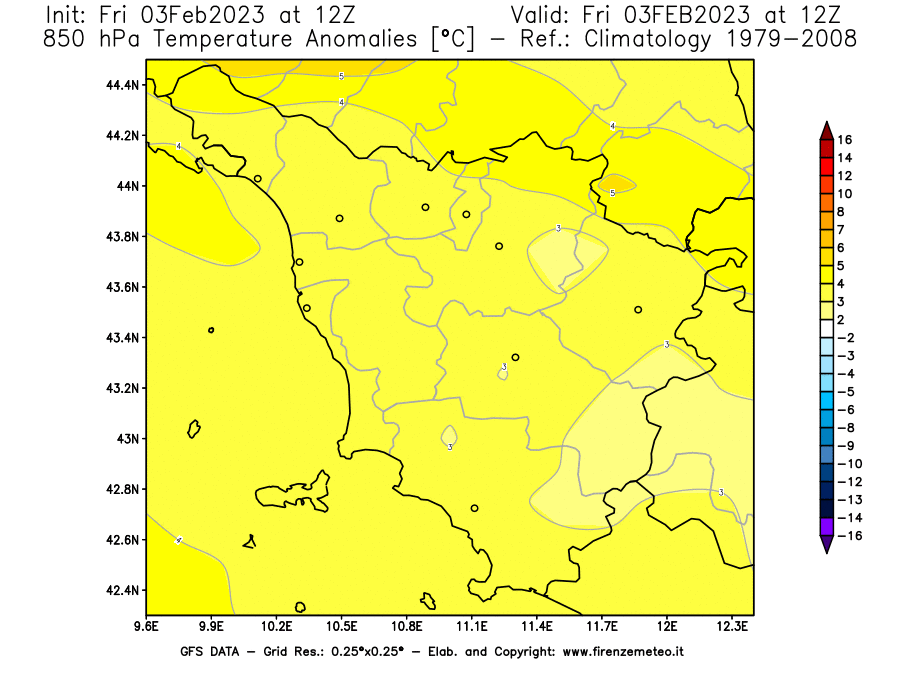 Mappa di analisi GFS - Anomalia Temperatura [°C] a 850 hPa in Toscana
							del 03/02/2023 12 <!--googleoff: index-->UTC<!--googleon: index-->