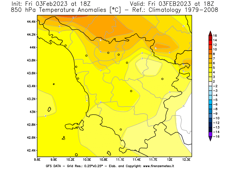 Mappa di analisi GFS - Anomalia Temperatura [°C] a 850 hPa in Toscana
							del 03/02/2023 18 <!--googleoff: index-->UTC<!--googleon: index-->