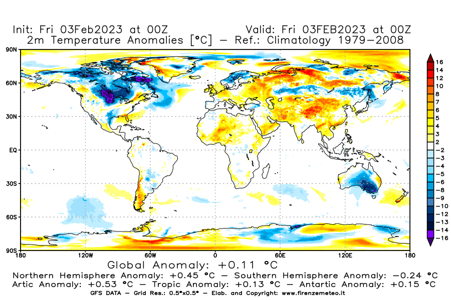 Mappa di analisi GFS - Anomalia Temperatura [°C] a 2 m in World
							del 03/02/2023 00 <!--googleoff: index-->UTC<!--googleon: index-->