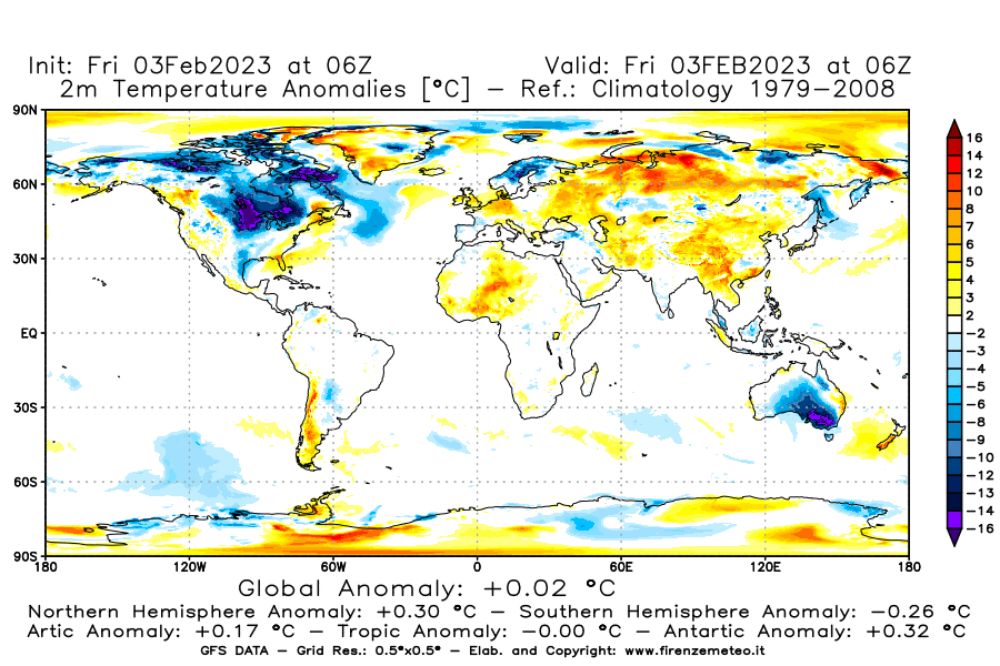Mappa di analisi GFS - Anomalia Temperatura [°C] a 2 m in World
							del 03/02/2023 06 <!--googleoff: index-->UTC<!--googleon: index-->
