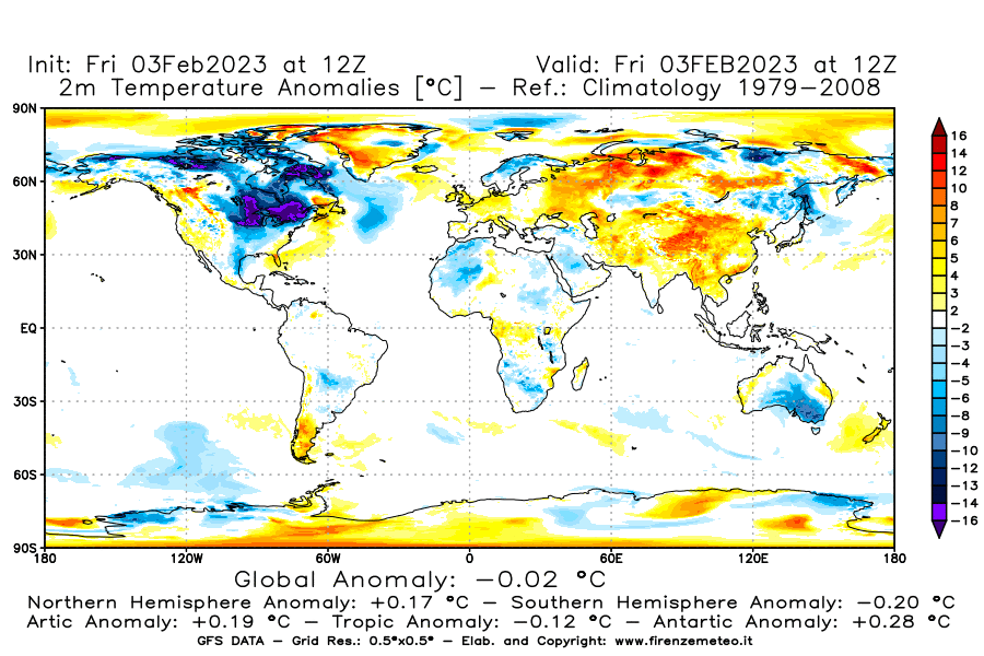 Mappa di analisi GFS - Anomalia Temperatura [°C] a 2 m in World
							del 03/02/2023 12 <!--googleoff: index-->UTC<!--googleon: index-->
