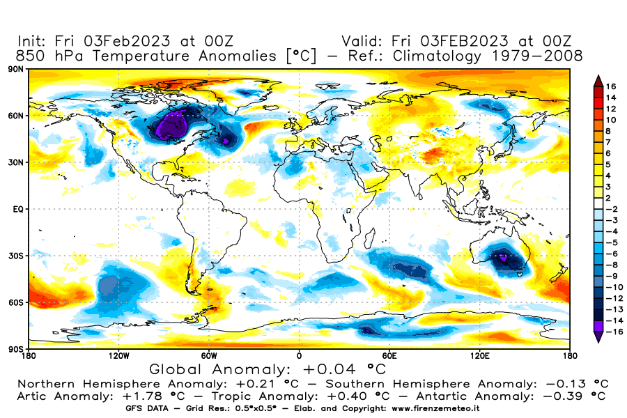 Mappa di analisi GFS - Anomalia Temperatura [°C] a 850 hPa in World
							del 03/02/2023 00 <!--googleoff: index-->UTC<!--googleon: index-->
