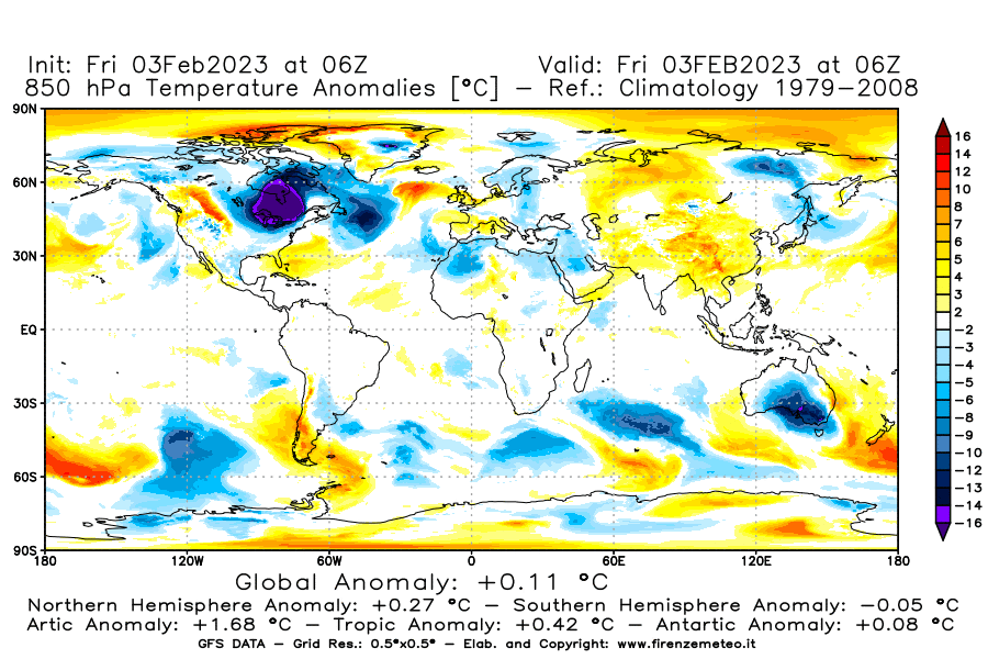 Mappa di analisi GFS - Anomalia Temperatura [°C] a 850 hPa in World
							del 03/02/2023 06 <!--googleoff: index-->UTC<!--googleon: index-->