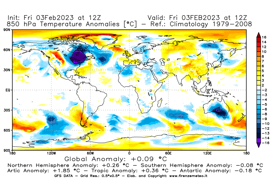 Mappa di analisi GFS - Anomalia Temperatura [°C] a 850 hPa in World
							del 03/02/2023 12 <!--googleoff: index-->UTC<!--googleon: index-->