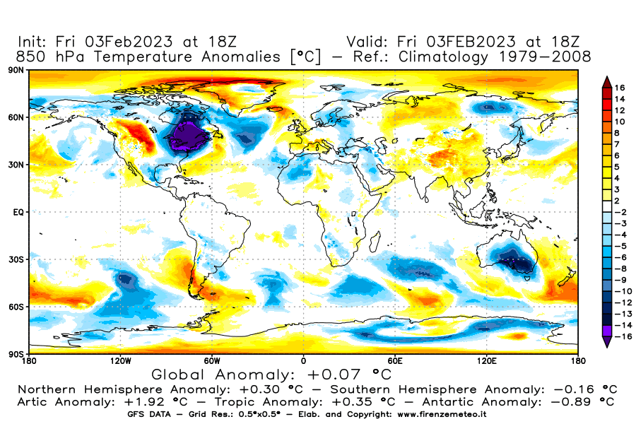 Mappa di analisi GFS - Anomalia Temperatura [°C] a 850 hPa in World
							del 03/02/2023 18 <!--googleoff: index-->UTC<!--googleon: index-->