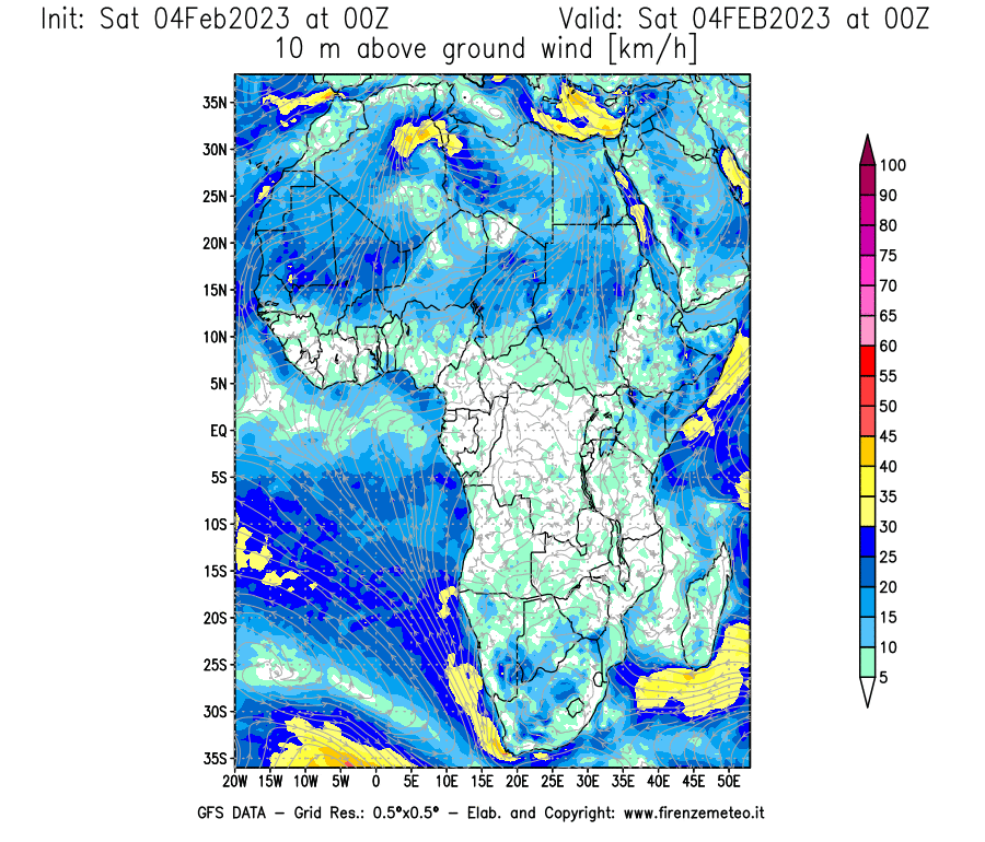 Mappa di analisi GFS - Velocità del vento a 10 metri dal suolo [km/h] in Africa
							del 04/02/2023 00 <!--googleoff: index-->UTC<!--googleon: index-->
