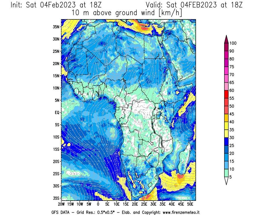 Mappa di analisi GFS - Velocità del vento a 10 metri dal suolo [km/h] in Africa
							del 04/02/2023 18 <!--googleoff: index-->UTC<!--googleon: index-->