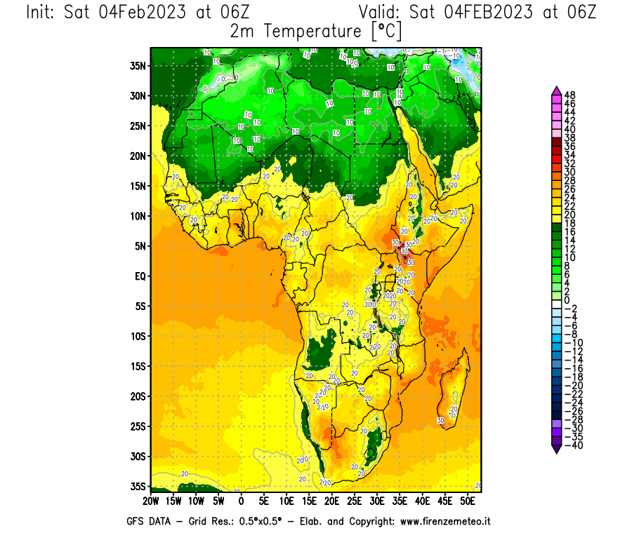 Mappa di analisi GFS - Temperatura a 2 metri dal suolo [°C] in Africa
							del 04/02/2023 06 <!--googleoff: index-->UTC<!--googleon: index-->
