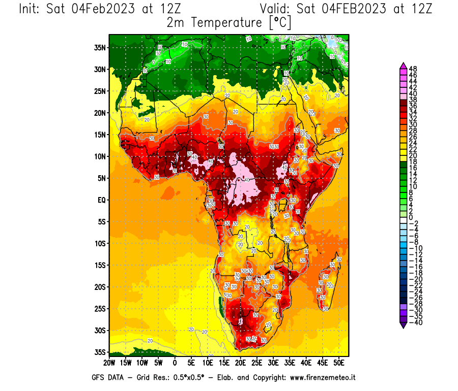 Mappa di analisi GFS - Temperatura a 2 metri dal suolo [°C] in Africa
							del 04/02/2023 12 <!--googleoff: index-->UTC<!--googleon: index-->
