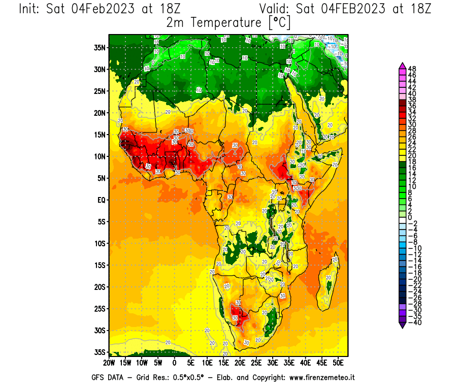 Mappa di analisi GFS - Temperatura a 2 metri dal suolo [°C] in Africa
							del 04/02/2023 18 <!--googleoff: index-->UTC<!--googleon: index-->