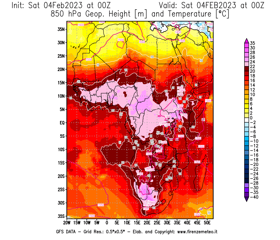 Mappa di analisi GFS - Geopotenziale [m] e Temperatura [°C] a 850 hPa in Africa
							del 04/02/2023 00 <!--googleoff: index-->UTC<!--googleon: index-->