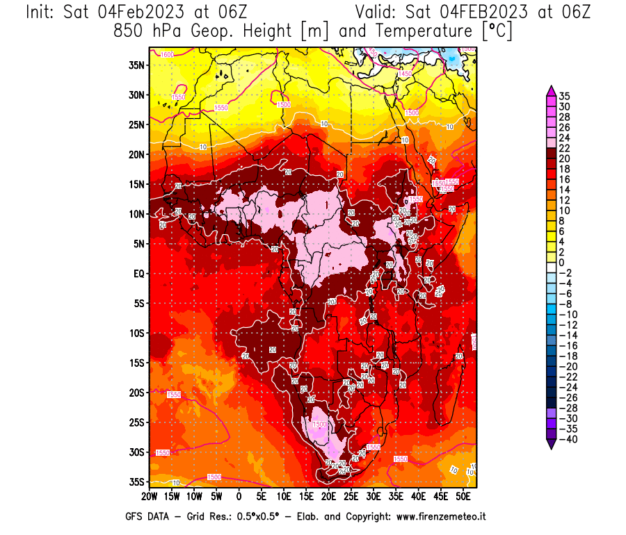 Mappa di analisi GFS - Geopotenziale [m] e Temperatura [°C] a 850 hPa in Africa
							del 04/02/2023 06 <!--googleoff: index-->UTC<!--googleon: index-->