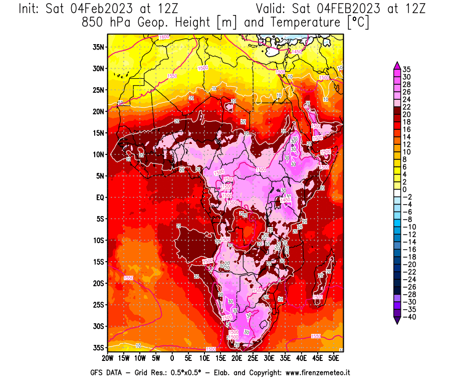 Mappa di analisi GFS - Geopotenziale [m] e Temperatura [°C] a 850 hPa in Africa
							del 04/02/2023 12 <!--googleoff: index-->UTC<!--googleon: index-->
