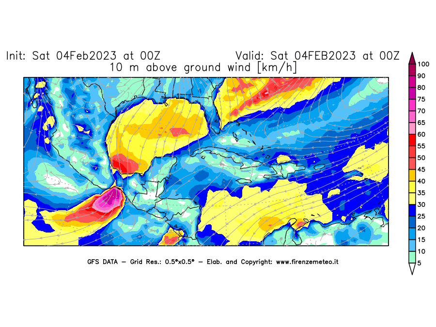 Mappa di analisi GFS - Velocità del vento a 10 metri dal suolo [km/h] in Centro-America
							del 04/02/2023 00 <!--googleoff: index-->UTC<!--googleon: index-->