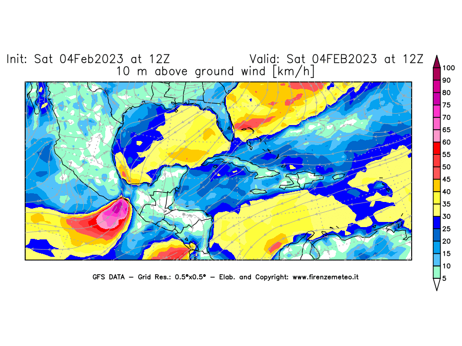 Mappa di analisi GFS - Velocità del vento a 10 metri dal suolo [km/h] in Centro-America
							del 04/02/2023 12 <!--googleoff: index-->UTC<!--googleon: index-->