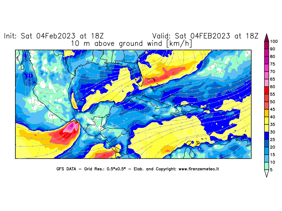 Mappa di analisi GFS - Velocità del vento a 10 metri dal suolo [km/h] in Centro-America
							del 04/02/2023 18 <!--googleoff: index-->UTC<!--googleon: index-->