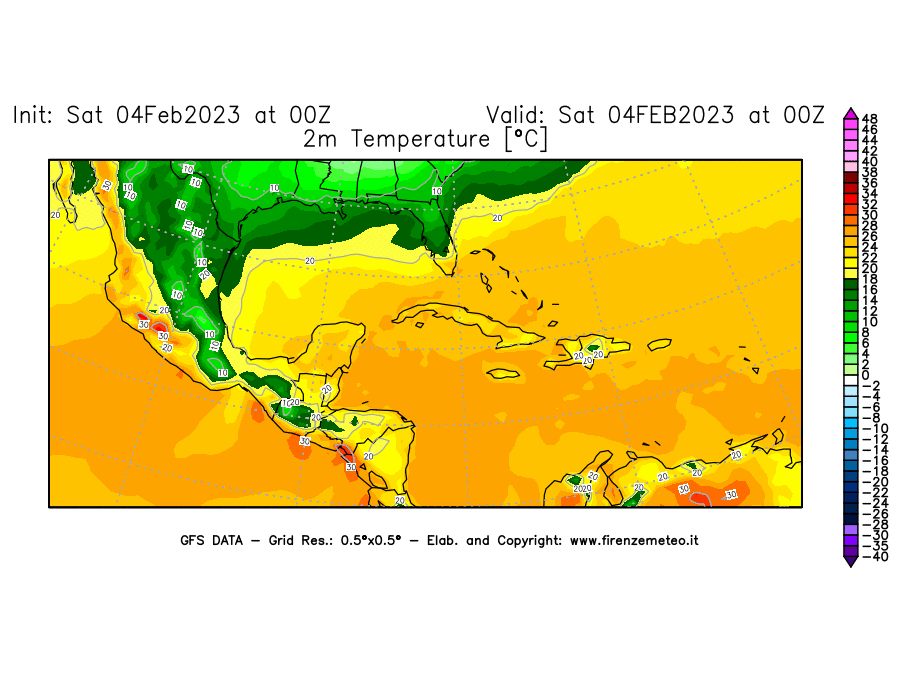Mappa di analisi GFS - Temperatura a 2 metri dal suolo [°C] in Centro-America
							del 04/02/2023 00 <!--googleoff: index-->UTC<!--googleon: index-->
