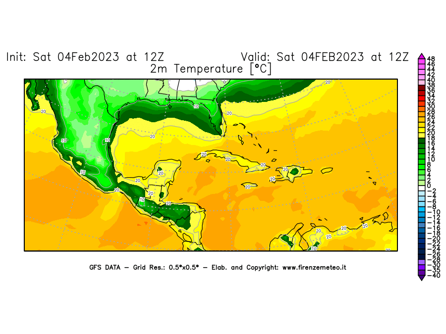 Mappa di analisi GFS - Temperatura a 2 metri dal suolo [°C] in Centro-America
							del 04/02/2023 12 <!--googleoff: index-->UTC<!--googleon: index-->