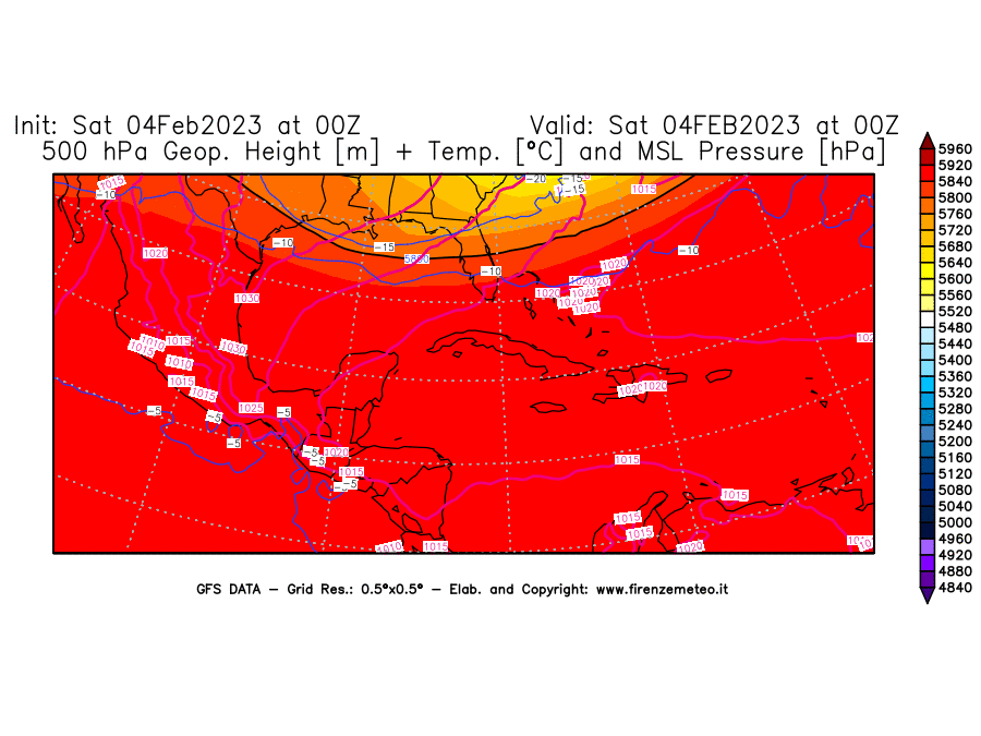 Mappa di analisi GFS - Geopotenziale [m] + Temp. [°C] a 500 hPa + Press. a livello del mare [hPa] in Centro-America
							del 04/02/2023 00 <!--googleoff: index-->UTC<!--googleon: index-->