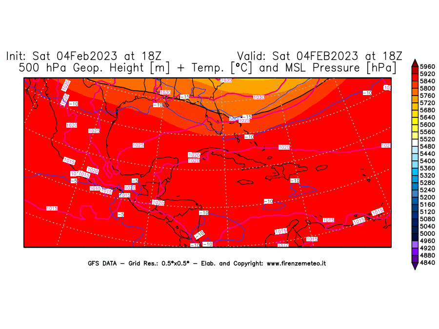 Mappa di analisi GFS - Geopotenziale [m] + Temp. [°C] a 500 hPa + Press. a livello del mare [hPa] in Centro-America
							del 04/02/2023 18 <!--googleoff: index-->UTC<!--googleon: index-->