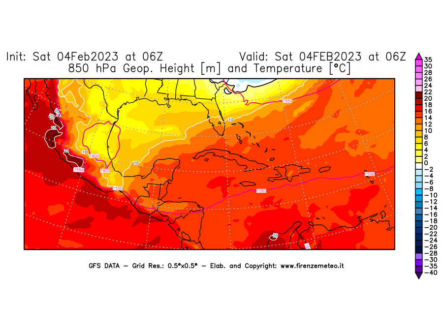 Mappa di analisi GFS - Geopotenziale [m] e Temperatura [°C] a 850 hPa in Centro-America
							del 04/02/2023 06 <!--googleoff: index-->UTC<!--googleon: index-->