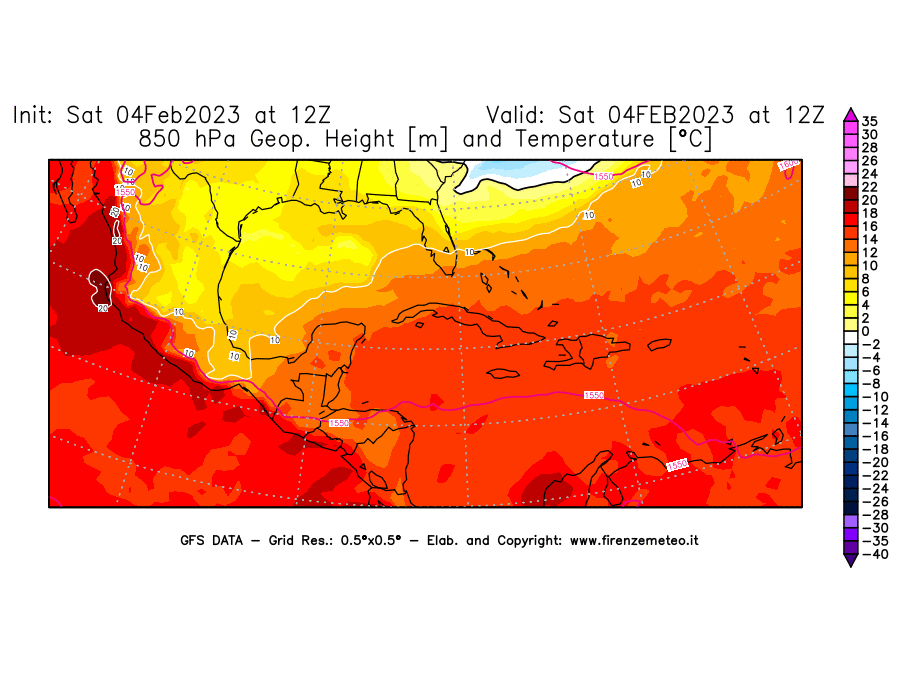 Mappa di analisi GFS - Geopotenziale [m] e Temperatura [°C] a 850 hPa in Centro-America
							del 04/02/2023 12 <!--googleoff: index-->UTC<!--googleon: index-->