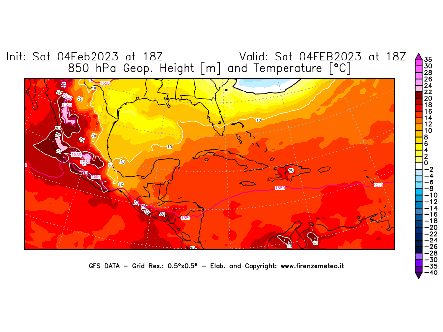 Mappa di analisi GFS - Geopotenziale [m] e Temperatura [°C] a 850 hPa in Centro-America
							del 04/02/2023 18 <!--googleoff: index-->UTC<!--googleon: index-->