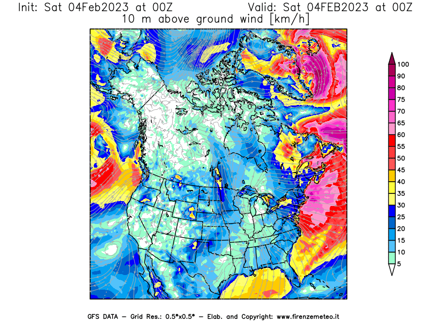 Mappa di analisi GFS - Velocità del vento a 10 metri dal suolo [km/h] in Nord-America
							del 04/02/2023 00 <!--googleoff: index-->UTC<!--googleon: index-->