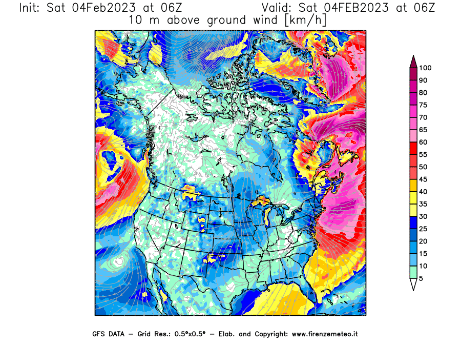 Mappa di analisi GFS - Velocità del vento a 10 metri dal suolo [km/h] in Nord-America
							del 04/02/2023 06 <!--googleoff: index-->UTC<!--googleon: index-->
