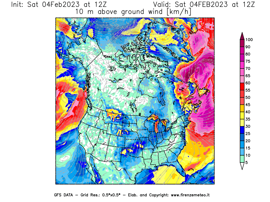 Mappa di analisi GFS - Velocità del vento a 10 metri dal suolo [km/h] in Nord-America
							del 04/02/2023 12 <!--googleoff: index-->UTC<!--googleon: index-->