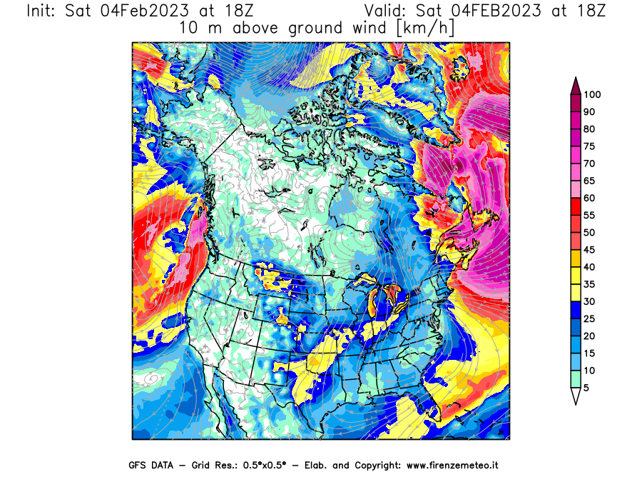 Mappa di analisi GFS - Velocità del vento a 10 metri dal suolo [km/h] in Nord-America
							del 04/02/2023 18 <!--googleoff: index-->UTC<!--googleon: index-->