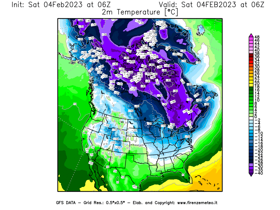 Mappa di analisi GFS - Temperatura a 2 metri dal suolo [°C] in Nord-America
							del 04/02/2023 06 <!--googleoff: index-->UTC<!--googleon: index-->