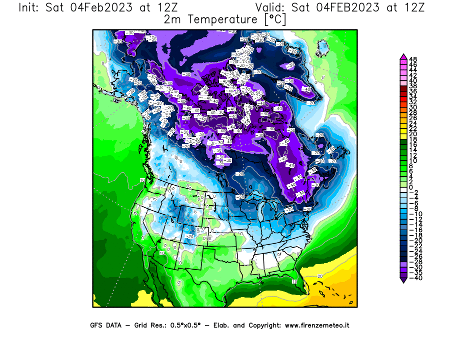 Mappa di analisi GFS - Temperatura a 2 metri dal suolo [°C] in Nord-America
							del 04/02/2023 12 <!--googleoff: index-->UTC<!--googleon: index-->