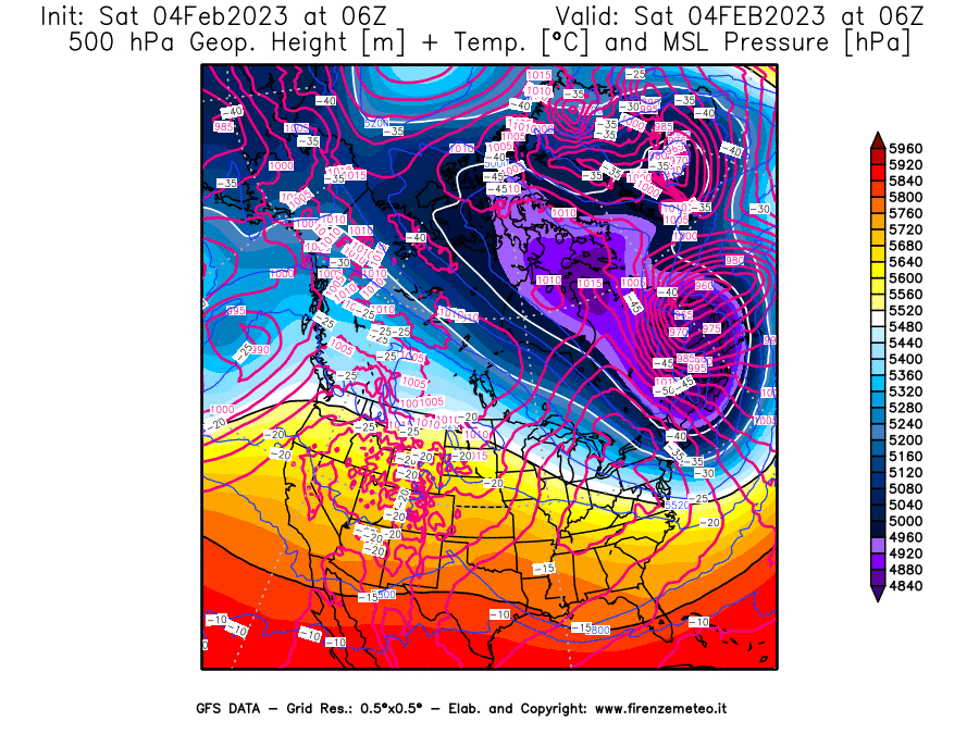 Mappa di analisi GFS - Geopotenziale [m] + Temp. [°C] a 500 hPa + Press. a livello del mare [hPa] in Nord-America
							del 04/02/2023 06 <!--googleoff: index-->UTC<!--googleon: index-->