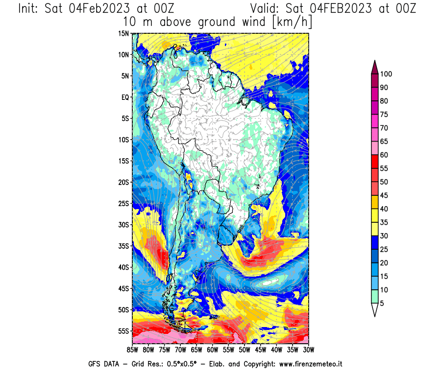 Mappa di analisi GFS - Velocità del vento a 10 metri dal suolo [km/h] in Sud-America
							del 04/02/2023 00 <!--googleoff: index-->UTC<!--googleon: index-->