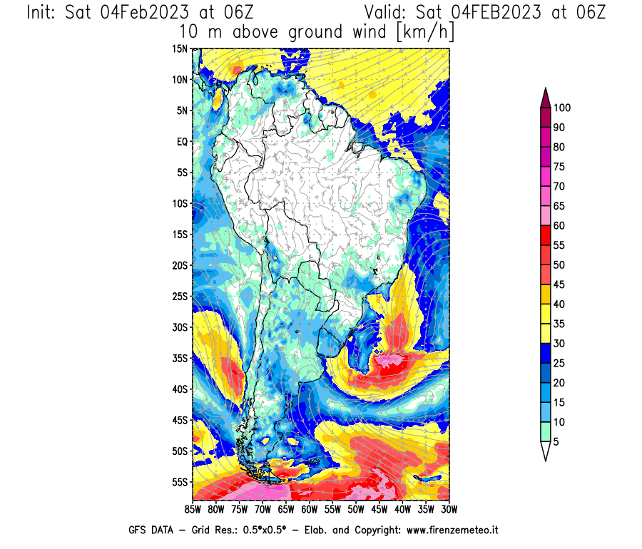 Mappa di analisi GFS - Velocità del vento a 10 metri dal suolo [km/h] in Sud-America
							del 04/02/2023 06 <!--googleoff: index-->UTC<!--googleon: index-->