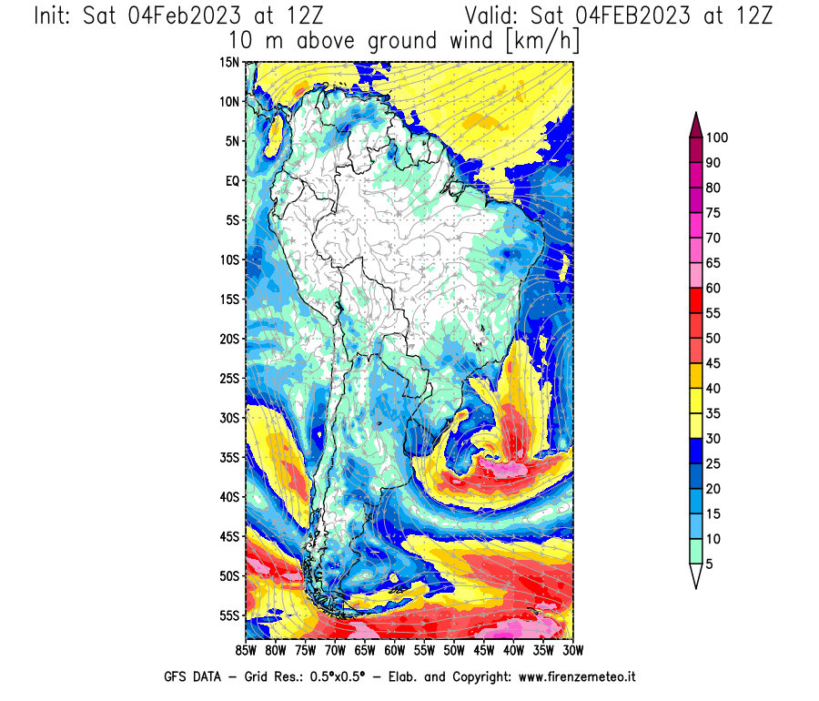 Mappa di analisi GFS - Velocità del vento a 10 metri dal suolo [km/h] in Sud-America
							del 04/02/2023 12 <!--googleoff: index-->UTC<!--googleon: index-->