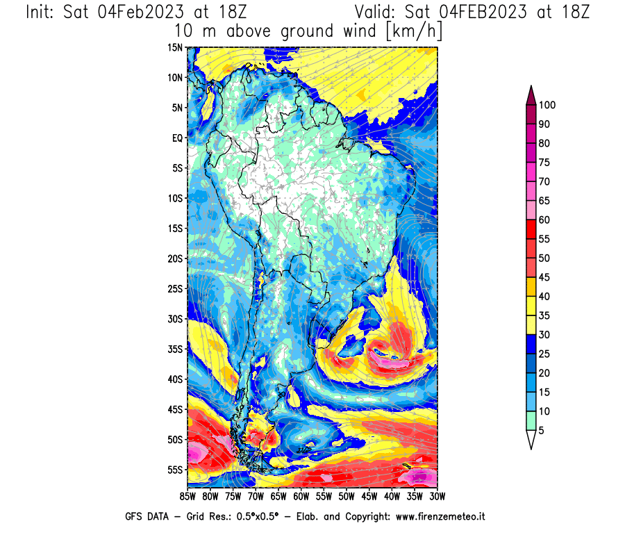 Mappa di analisi GFS - Velocità del vento a 10 metri dal suolo [km/h] in Sud-America
							del 04/02/2023 18 <!--googleoff: index-->UTC<!--googleon: index-->