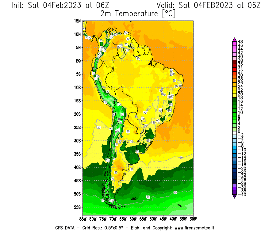 Mappa di analisi GFS - Temperatura a 2 metri dal suolo [°C] in Sud-America
							del 04/02/2023 06 <!--googleoff: index-->UTC<!--googleon: index-->