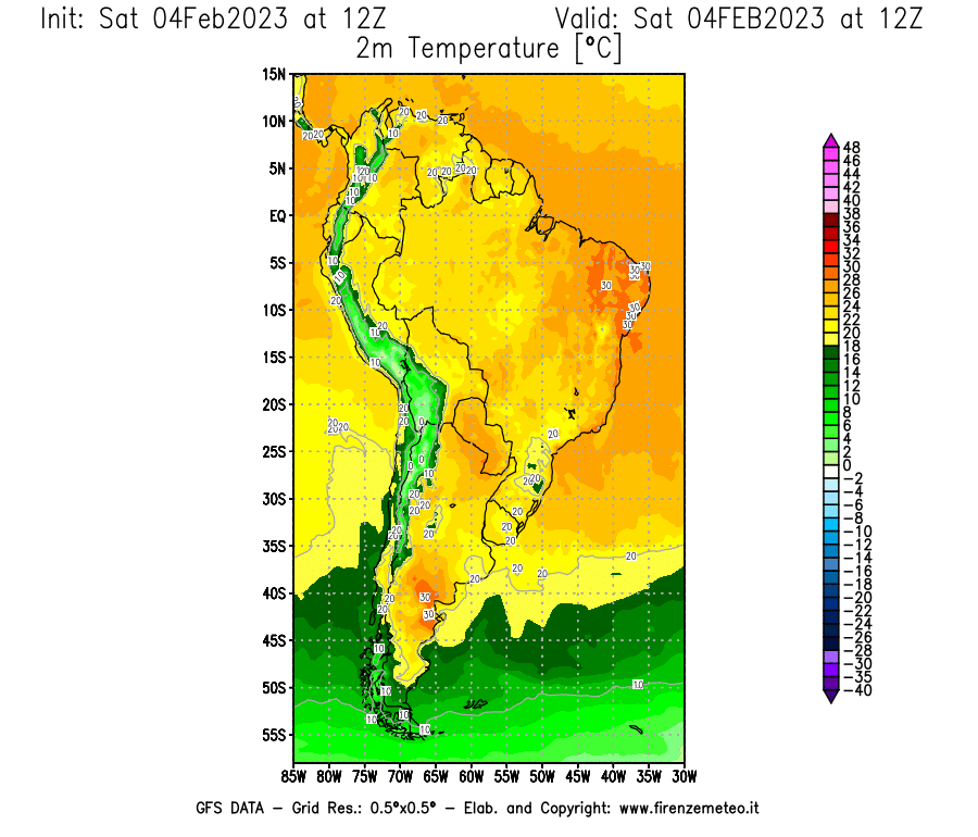 Mappa di analisi GFS - Temperatura a 2 metri dal suolo [°C] in Sud-America
							del 04/02/2023 12 <!--googleoff: index-->UTC<!--googleon: index-->