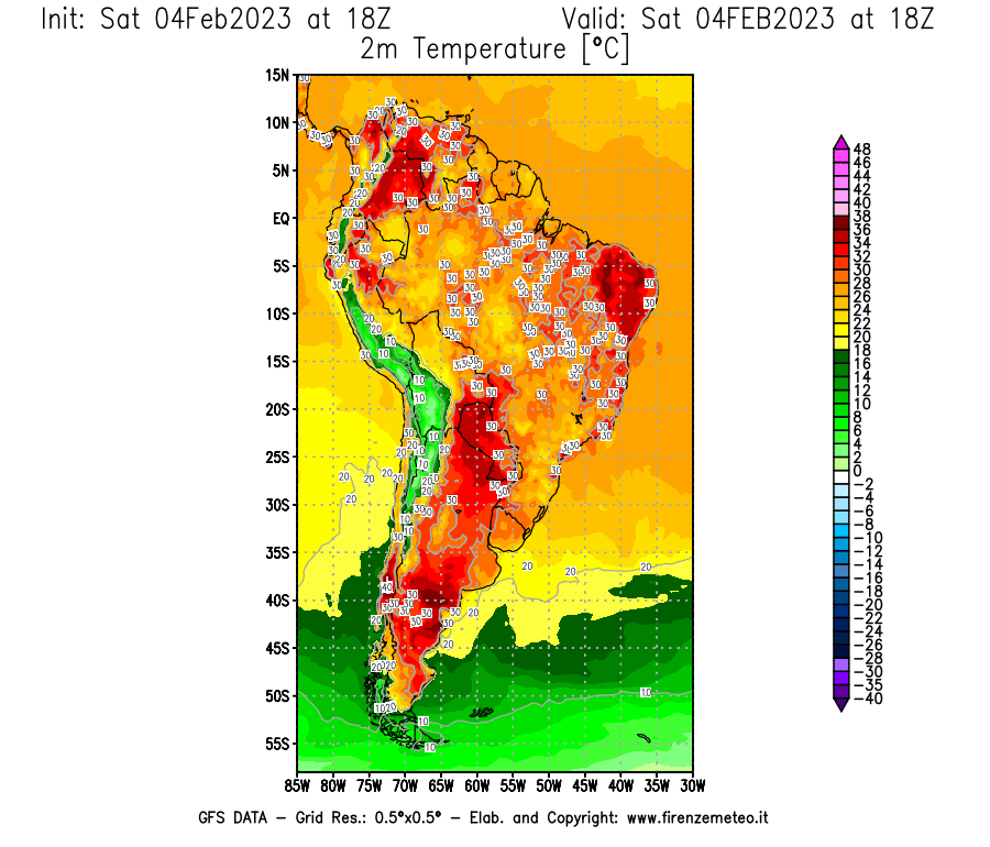 Mappa di analisi GFS - Temperatura a 2 metri dal suolo [°C] in Sud-America
							del 04/02/2023 18 <!--googleoff: index-->UTC<!--googleon: index-->