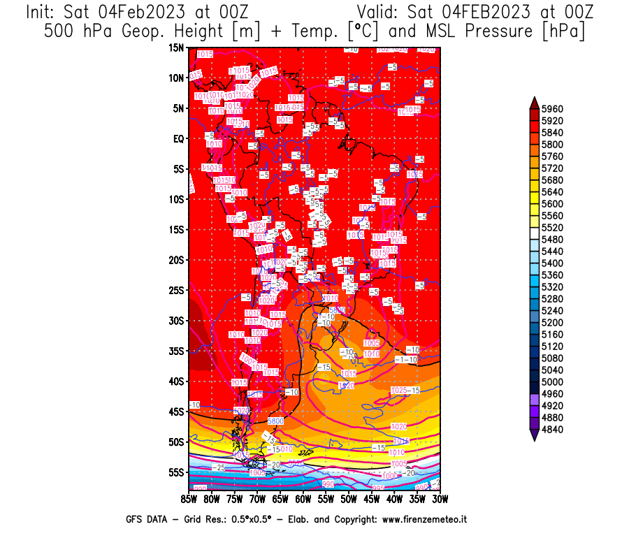 Mappa di analisi GFS - Geopotenziale [m] + Temp. [°C] a 500 hPa + Press. a livello del mare [hPa] in Sud-America
							del 04/02/2023 00 <!--googleoff: index-->UTC<!--googleon: index-->
